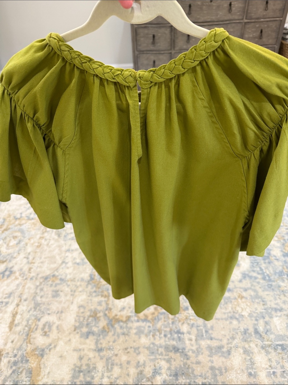 Olive Braided-Neck Flutter Sleeve Blouse - Picture 12 of 16